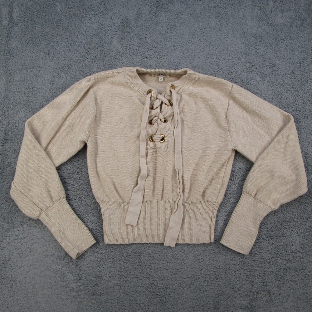 Nation LTD Los Angeles Lace Up Pima Cotton Sweater Cream Beige Womens Small